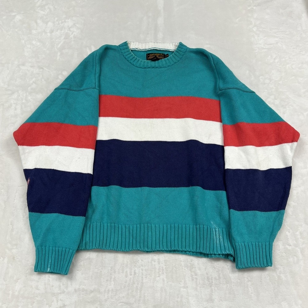 Eddie Bauer Sweater Mens XL Teal Striped Vintage Cotton Knit Crewneck
